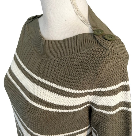 Talbots BASKET WEAVE SWEATER STRIPE Women’s SZ Medium Olive & White Knit Fall - Picture 3 of 9